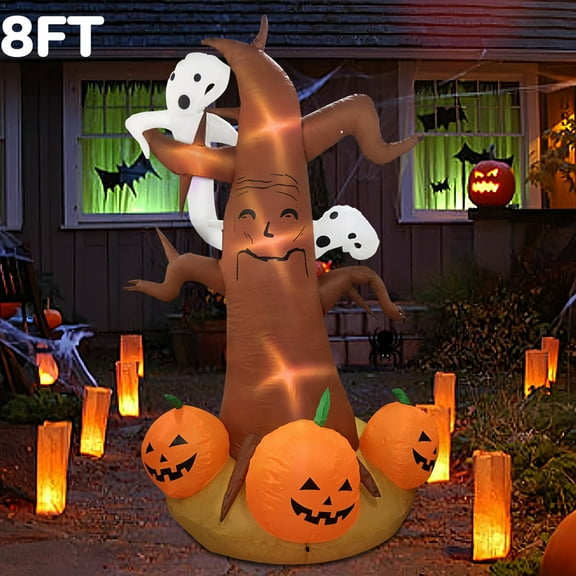8ft Large Halloween Inflatable Scary Tree Decor w/ Ghost, Pumpkin, Tombstone & LED Lights – Outdoor Blow Up Party Yard Inflatables for Home and Garden
