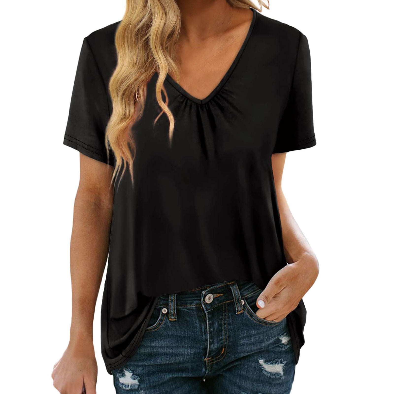ZIZOCWA Cute Shirt For Women Woman Tees Women'S Shirred Top Shirt V-Neck  Elegant Tops T-Shirt Short-Sleeve Casual Summer Top Nice Shirts For Women -  Walmart.com