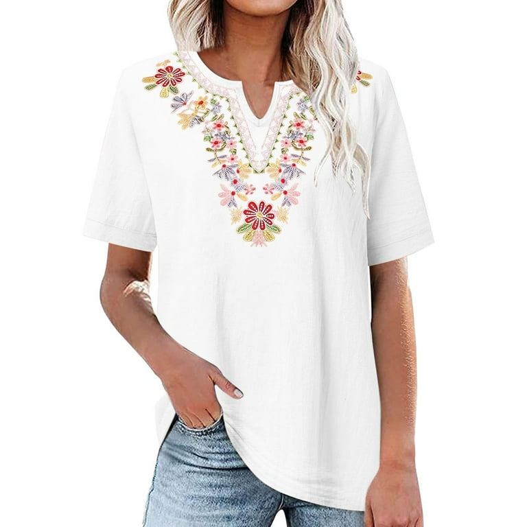 Shirts for Women Short Sleeved Summer Cotton and Linen Embroidered