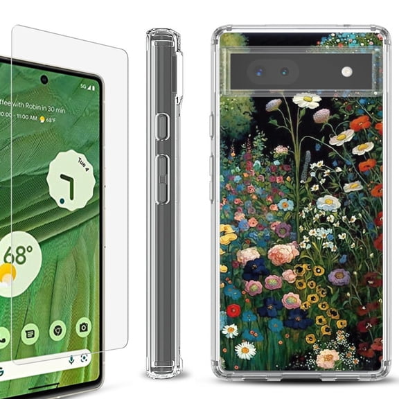 Shockproof Bumper Phone Case for Google Pixel 6a, with Tempered Glass Screen Protector, by OneToughShield ® - Flowery Garden