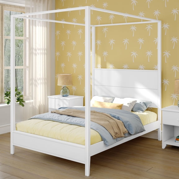 Haven Canopy Bed with Square Post and Wood Headboard (Full), White