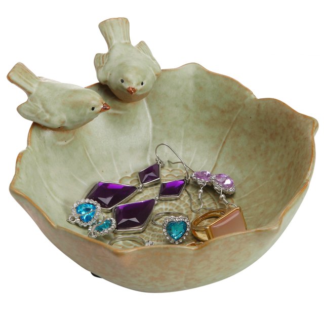Tazón decorativo hecho en cerámica con diseño de 2 pájaros en color verde, bandeja para joyas o botanero para servir aperitivos, dulces, frutas y secos