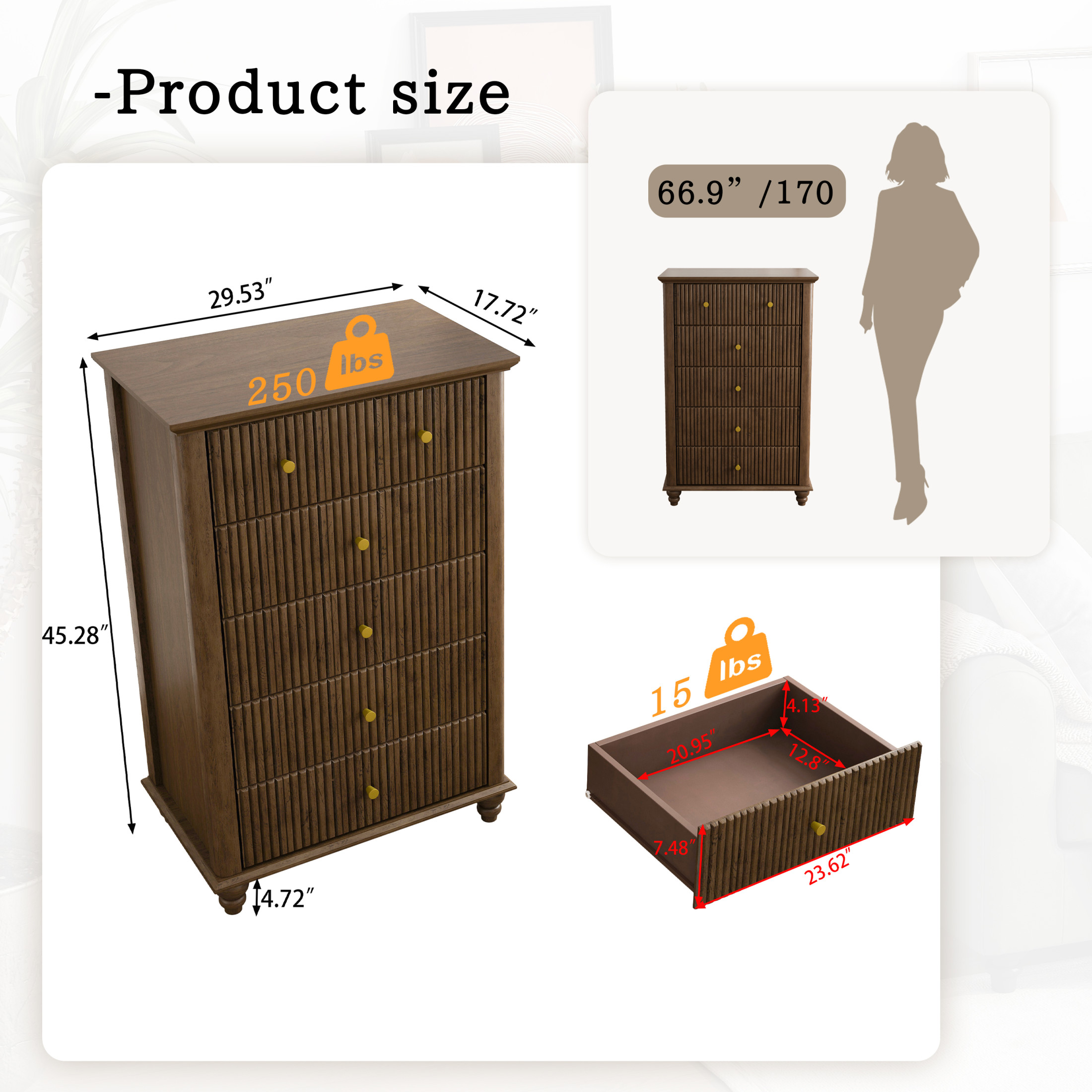 Noble House Harmon Fluted 5-Drawer Dresser, Modern Rubberwood Chest with Metal Handles, for Entryway, Bedroom, Walnut