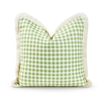 Hofdeco Premium Coastal Patio Indoor Outdoor Pillow Cover Only, 20"x20" Water Resistant for Backyard, Couch, Green Gingham Fringe