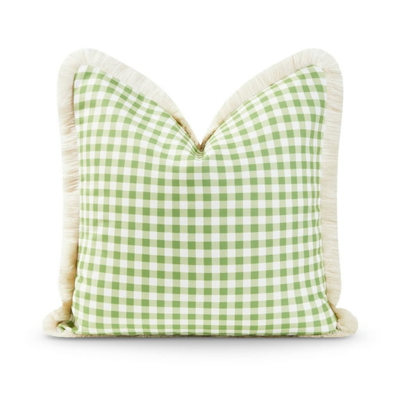 Hofdeco Premium Coastal Patio Indoor Outdoor Pillow Cover Only, 20"x20" Water Resistant for Backyard, Couch, Green Gingham Fringe