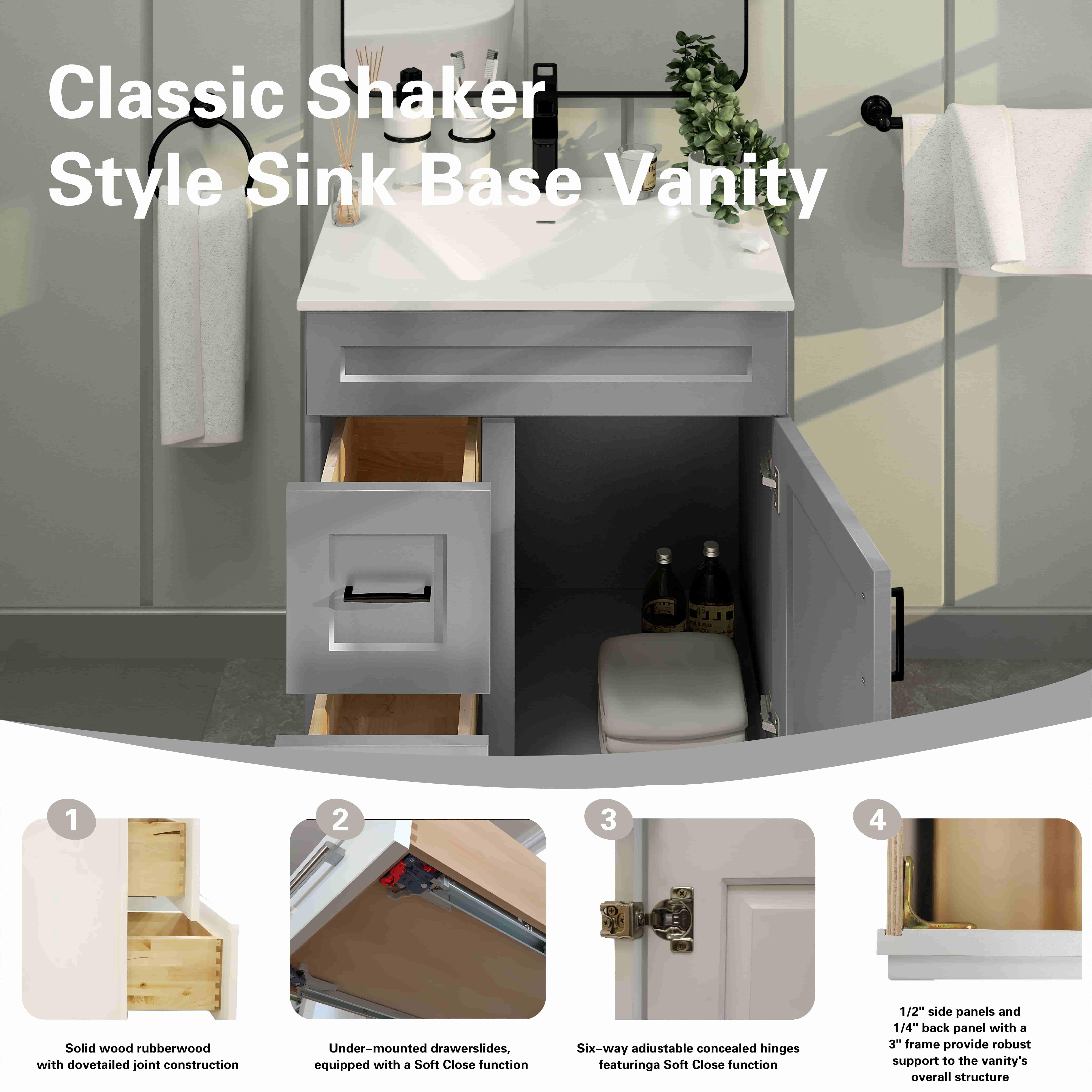 Light Grey Shaker Bathroom Vanity Sink Base with Drawers 30" Ready-to-Assemble Cabinet