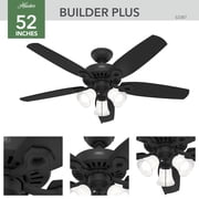Hunter 52 inch Indoor Ceiling Fan with LED Lights - Black Ceiling Fan with Pull Chain, For Bedroom or Living Room, Standard Mount, No Remote, 5 Blades, Includes Bulbs- Builder Plus 52387, Matte Black