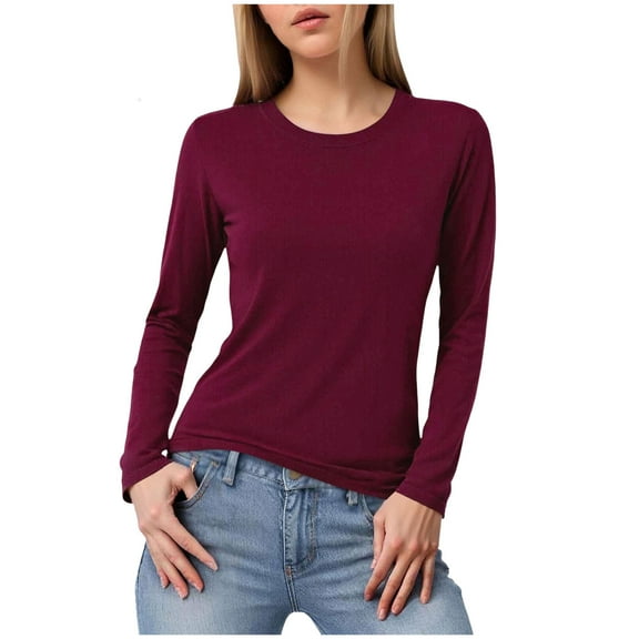 felwors Women's Basic Solid Lightweight Soft Cotton Long Sleeve Crew Neck & V Neck Slim Top Shirts Plus Wine, S