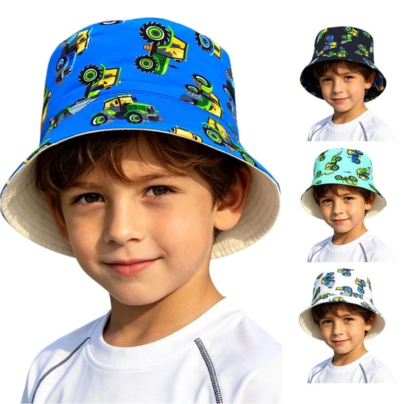 Krdevn Cartoon Excavator Print Reversible Kids Wide Brim Sun Hat Lightweight Breathable Beach Cap for Boys Girls