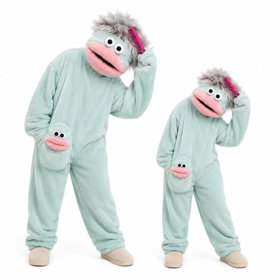 AHMOMEI Big Mouth Monster Onesie Pajamas for Adult Teen Funny Silly Wearable Onesie Fuzzy Loungewear Blue XL (with Comb)