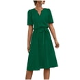 thumbnail image 2 of Fartey Women's Formal Dresses 2025 Summer Short Sleeve Tie Waist A-Line Swing Dress Business Casual Solid Color V Neck Midi Dress Elegant Work Dress Green XL, 2 of 8