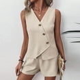 thumbnail image 5 of Aueoeo Women's Sleeveless Tank Top Matching Sets Button Up V Neck Vests Waistcoat and Pockets Shorts Summer 2 Piece Outfits, 5 of 9