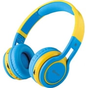 Contixo Kid Safe 85dB On Ear Foldable Wireless Bluetooth Headphone w/ Volume Limiter, Built-in Micro Phone, Micro SD card Music Player, FM Stereo Radio, Audio Input & Output (Blue + Yellow)
