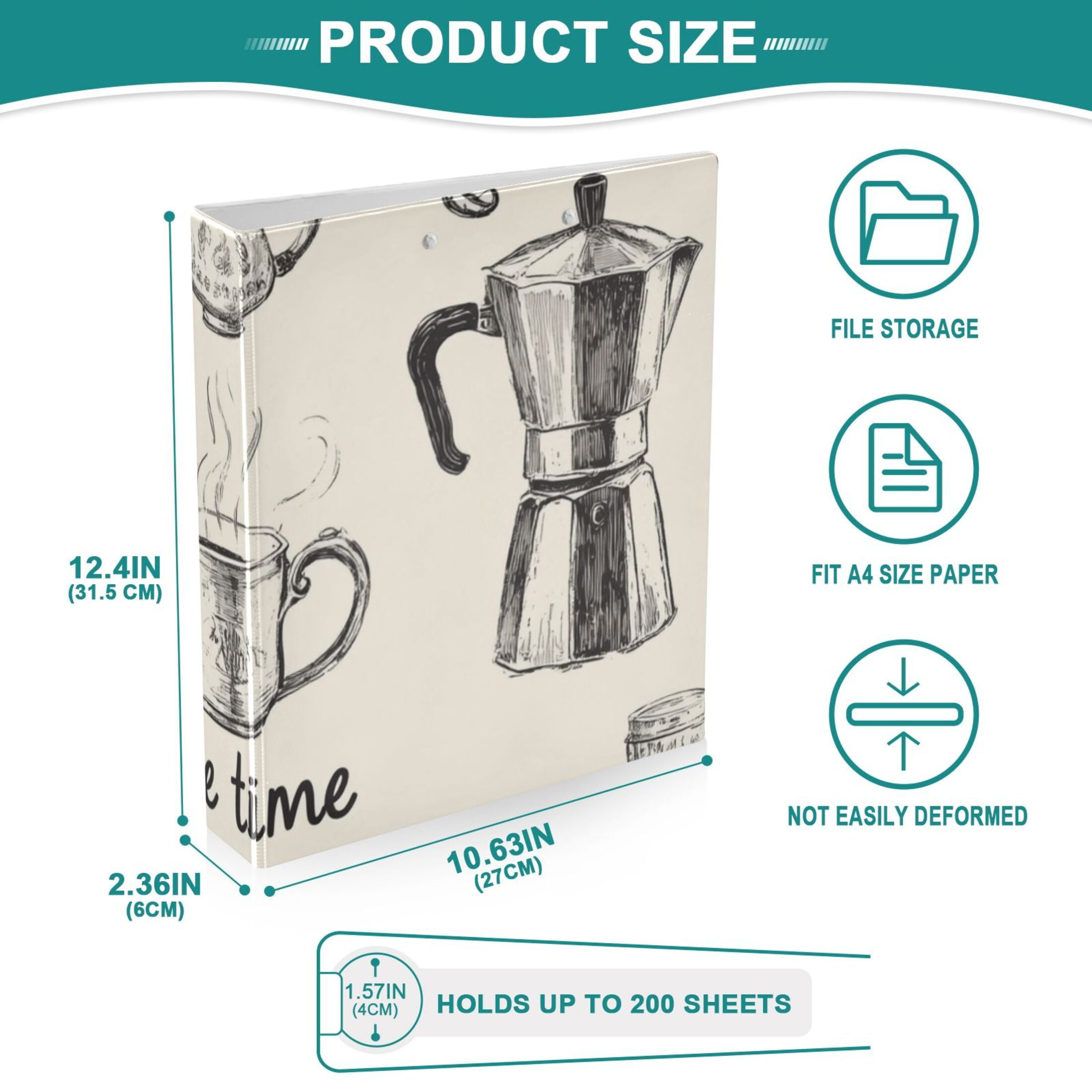 Vintage Coffee Time 3 Ring Binders 1.5 inch Hardcover File Folders with Interior Pockets A4 Size Organizer for School Office Hospital