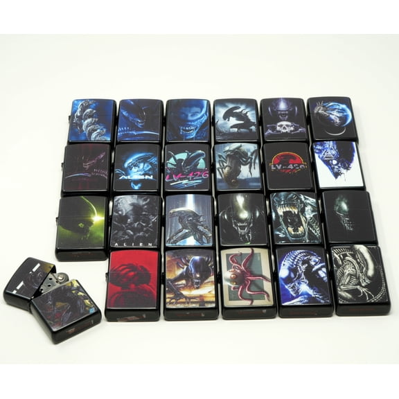 Alien Collectible Design 24 PCs Mix Black Metal Windproof Oil Lighters - Pack of 24 -