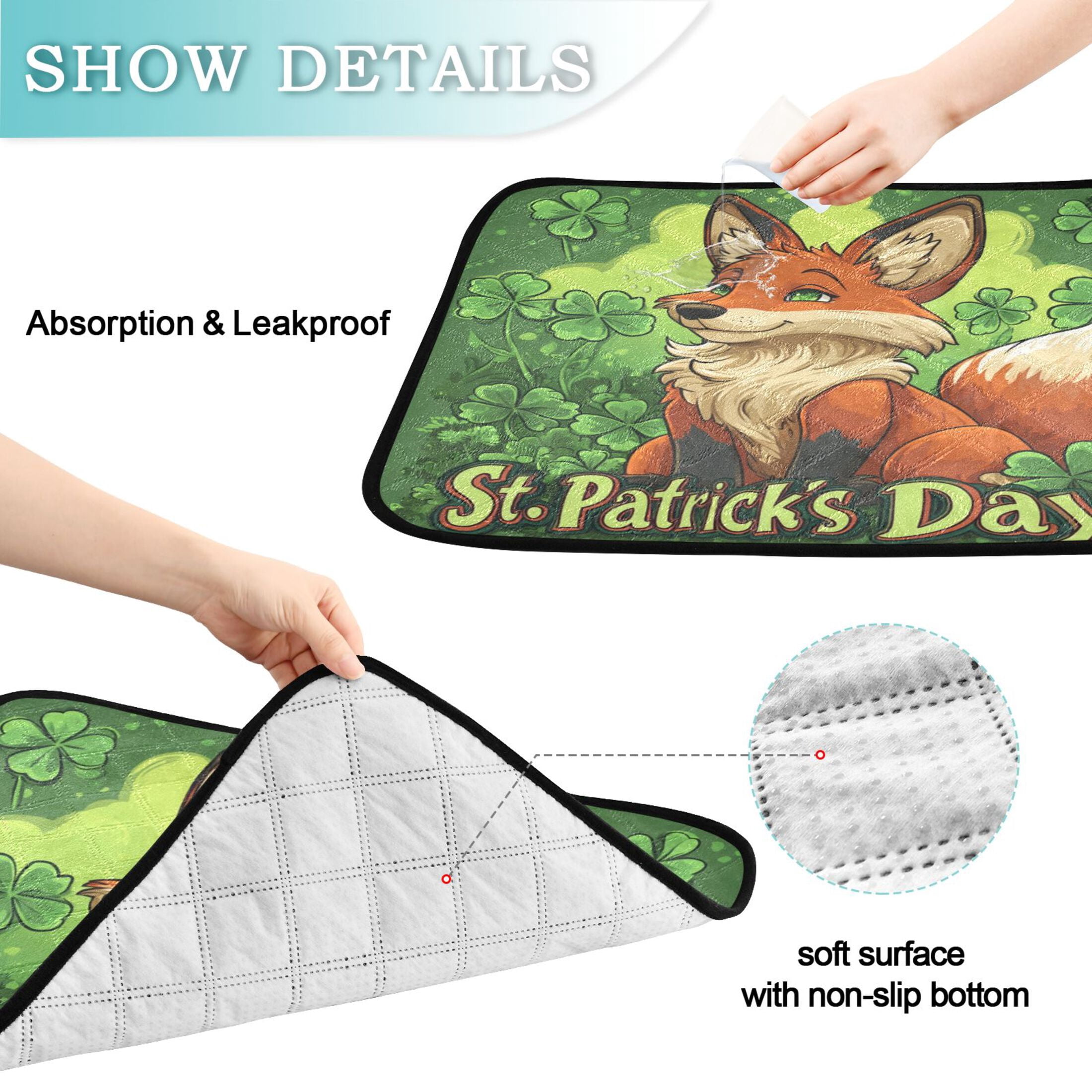 Qxltty Stpatricks Day Red Fox Cat litter Pads Pet Set of 3 Diaper Mats Center Anti-leakage Layer Absorbent Soft and Comfortable