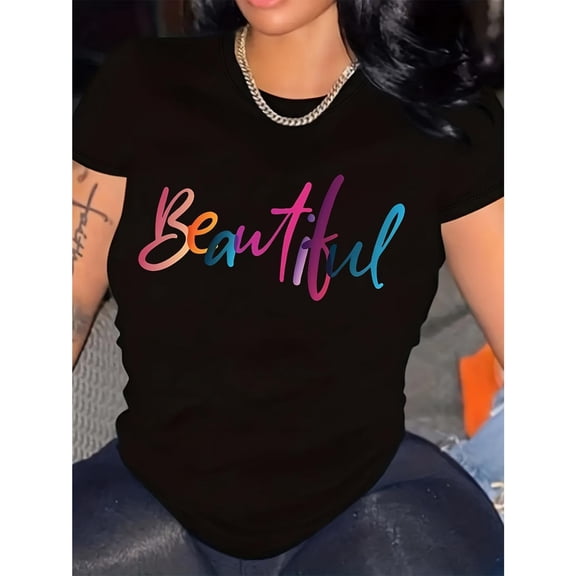 Art - Handwritten Graphic Tee, Tops Has “Beautiful” Colorful Script Design, Round Neck Regular Fit T - shirts, Size(S - 5XL)