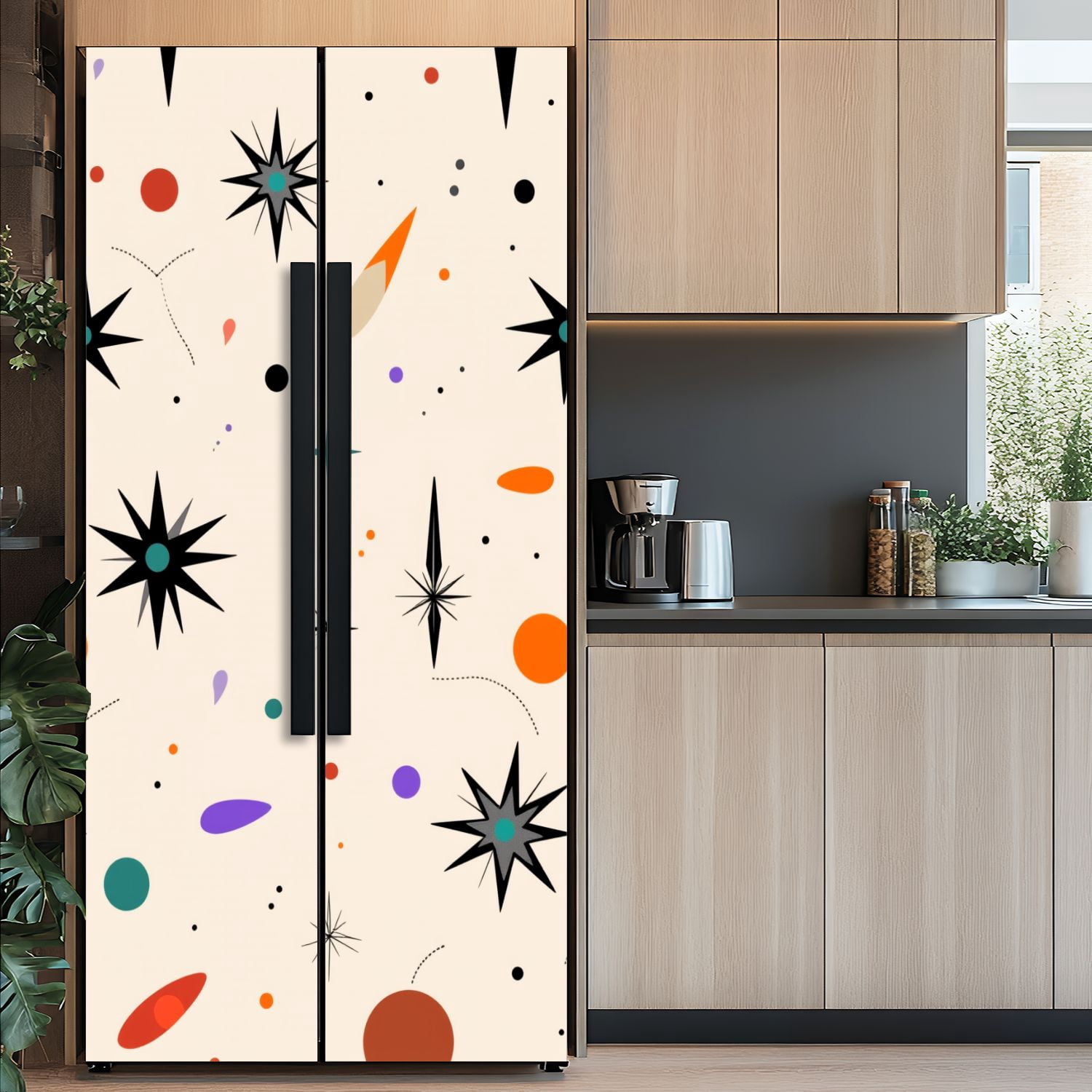 Self Adhesive Vinyl Refrigerator Wrap Set Mid Century Fifties Modern Retro Luxurious Graphic Print Door Mural Removable Fridge Sticker Peel and Stick&nbsp;Full Door Cover Decal Kitchen Bar Decor