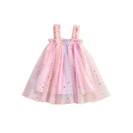 

Gwiyeopda Toddler Baby Girls Birthday Party Princess Tutu Dress Sleeveless Stars Print Colorful Layered Tulle Dress