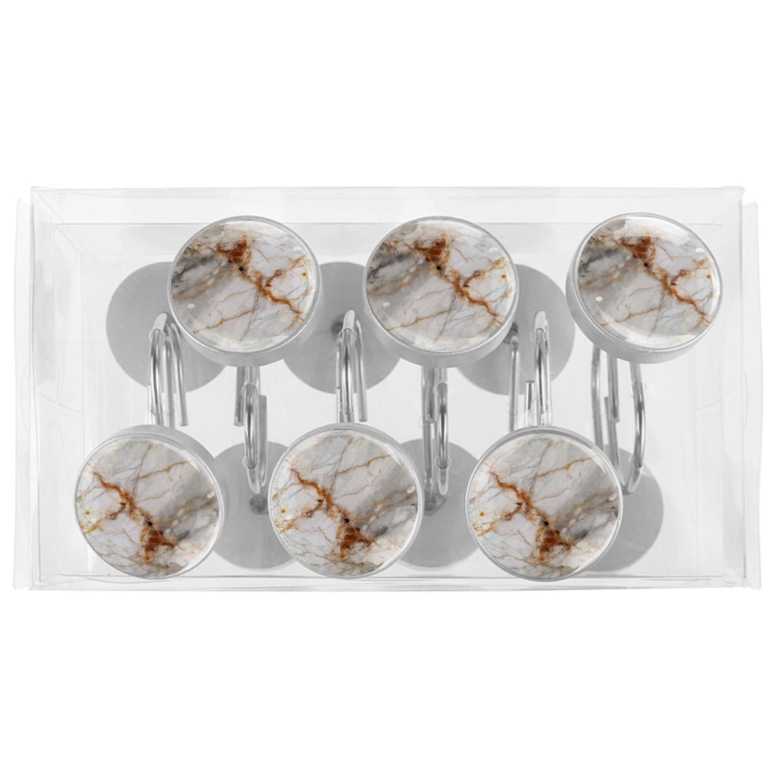 Marble Texture Shower Curtain Hooks （Set of 12） for Home Hotel Shower Rods Bathroom Crystal Glass Print Stainless Steel Round Curtain Hooks
