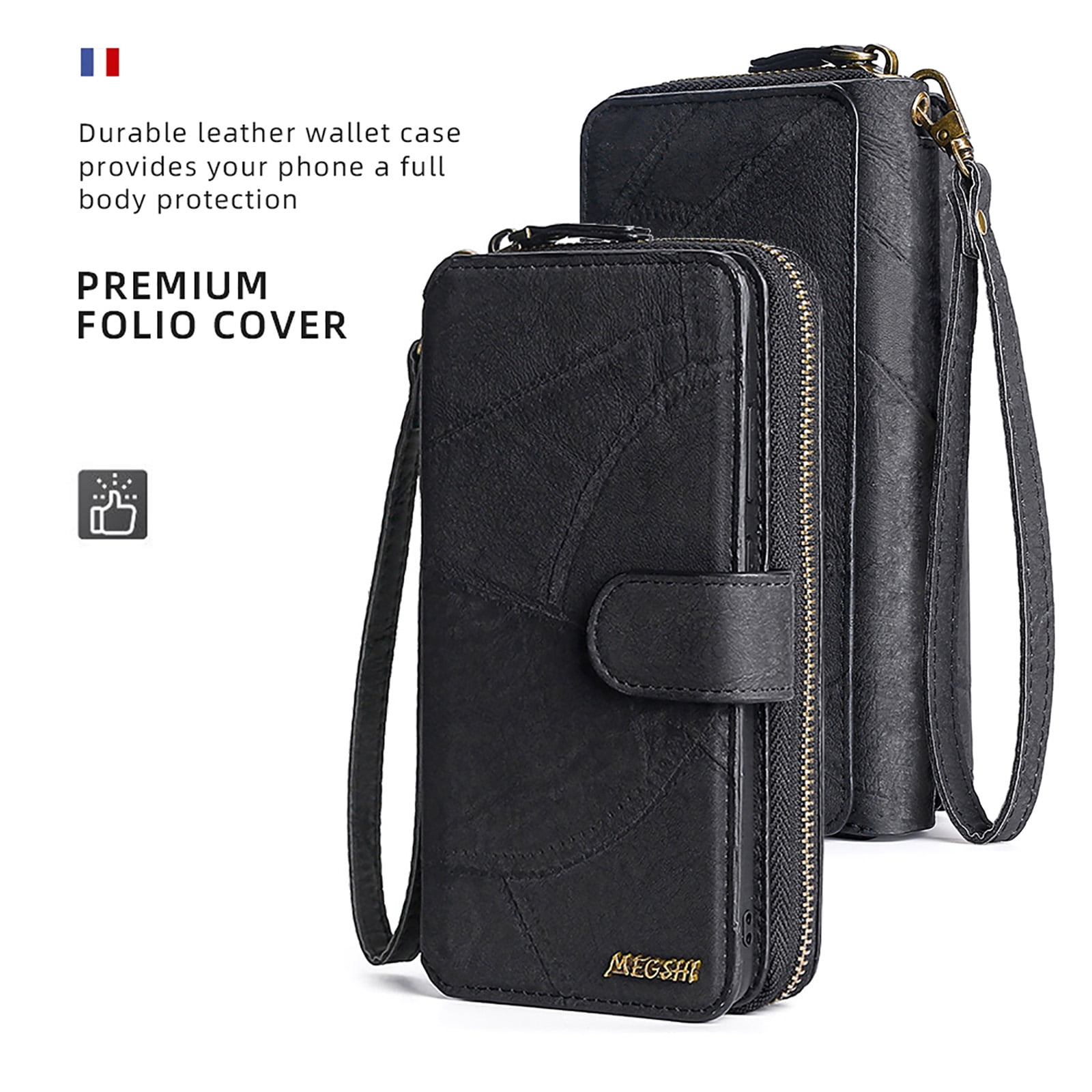 For Samsung Galaxy S25 Ultra Wallet Case with RFID Blocking Credit Card Holder, Detachable Wallet Phone Case Magnetic Closure Flip Kickstand PU Leather Flip Lanyard Strap Wristlet Zipper Purse,Black