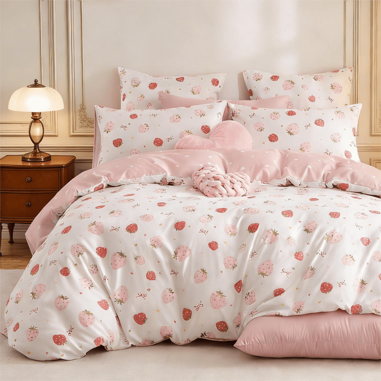 2 Pieces Strawberry Duvet Cover Set Twin Size Cute Pink Strawberry Hearts Bedding Set, Lightweight & Breathable Perfect for Girls
