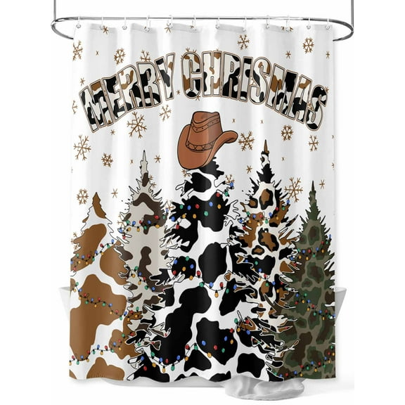 Western Christmas Tree Stall Shower Curtain, Waterproof Shower Curtains for Bathroom, Cowboy Xmas Tree Snowflake Washable Fabric Cloth Bath Curtain for Bathtub Decoration with Hooks 36x72 Inches