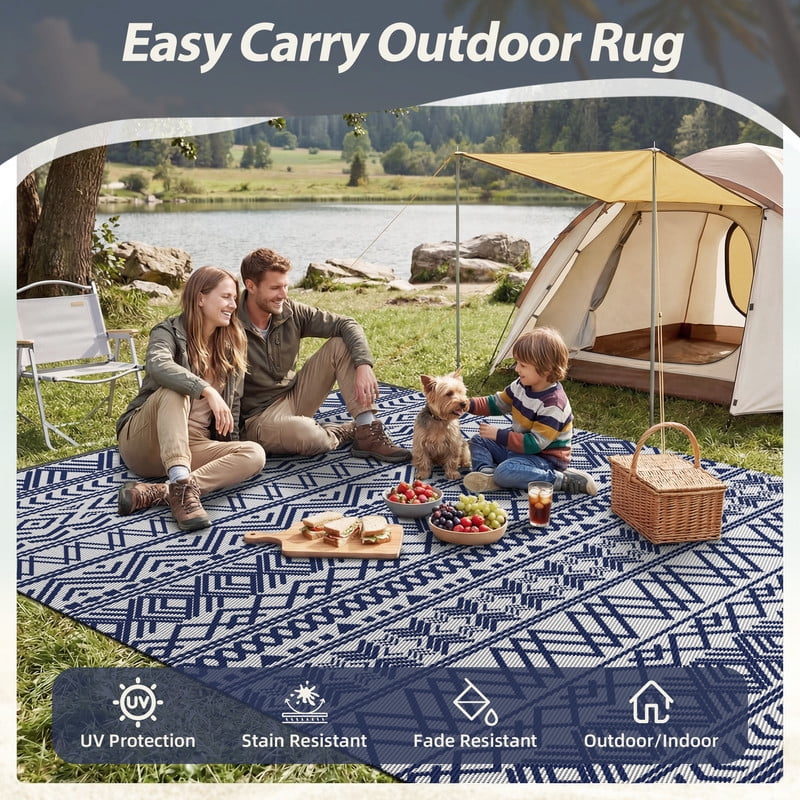 SIXHOME Outdoor Rug 9'x12' Waterproof Reversible Patio Rug Boho Geometric Indoor Outdoor Rugs Lightweight Plastic Straw Ourdoor Carpet for RV Camping Deck Balcony Modern Porch Decor Blue and Gray