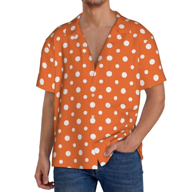 Balery Orange And White Polka Dot Camisa Casual de Manga Corta con Botones para Hombre, Texturizada, Estilo Cubano, para Playa, Verano-Large