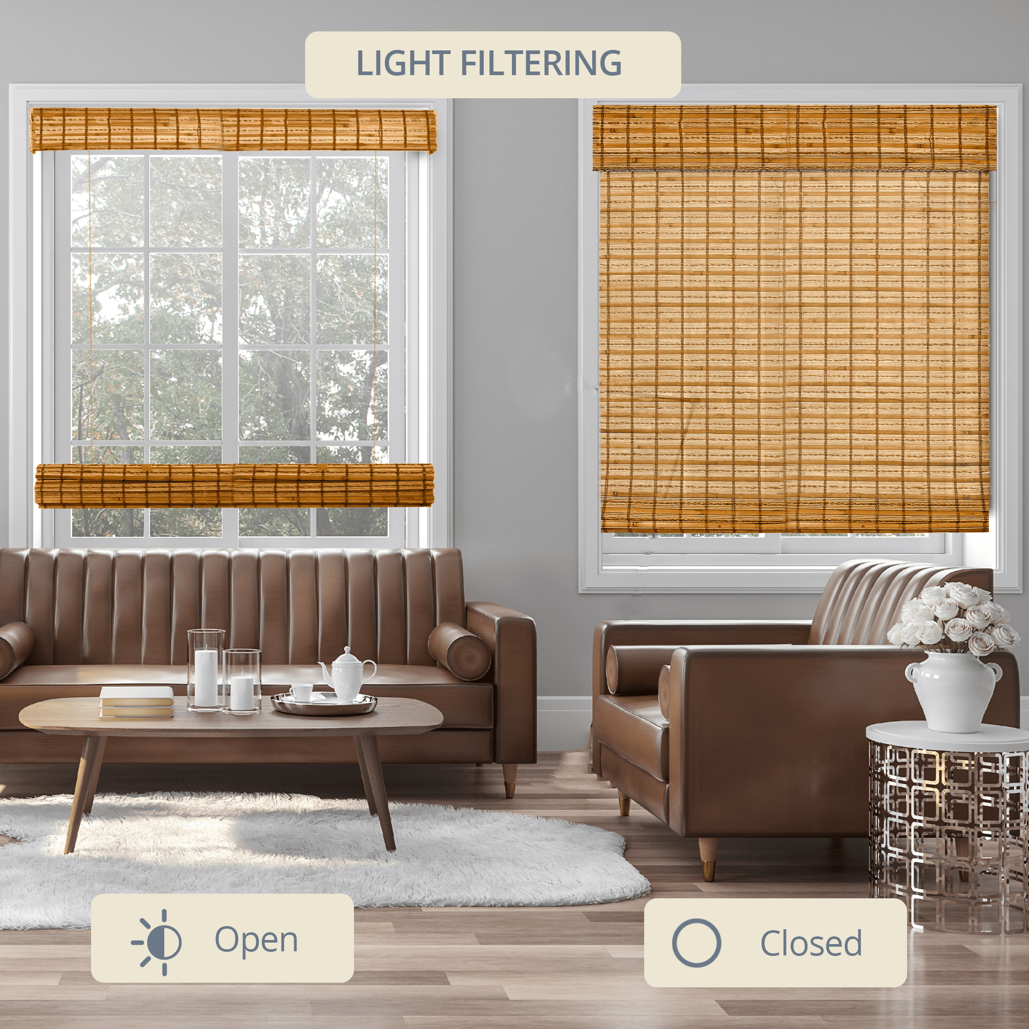 Natural Woven Top Down Bottom Up Cordless Bamboo Roman Shades for Windows, 61.5 in. W x 60 in. L, Honey Wheat
