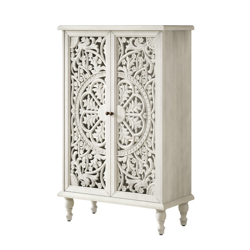 Freestanding Accent Storage Cabinet with Hollowed Out Carved Double Door, Farmhouse Display Buffet Chest with Adjustable Shelf