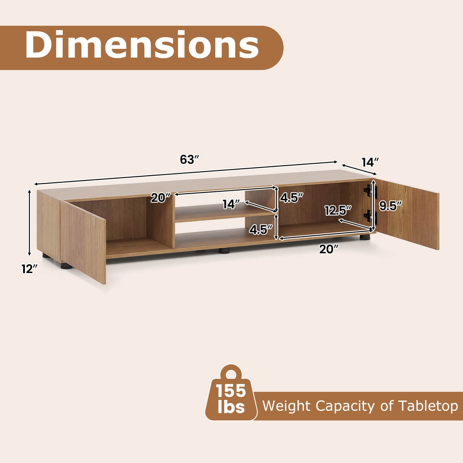 Costway TV Stand for up to 70” TVs, Media Console Table with Double Doors & Open Shelves Natural