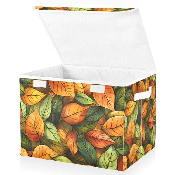 Yayeee Collapsible Cube Storage Bin with Lid Fabric Closet Decorative Basket with Handles, Green Retro Leaves