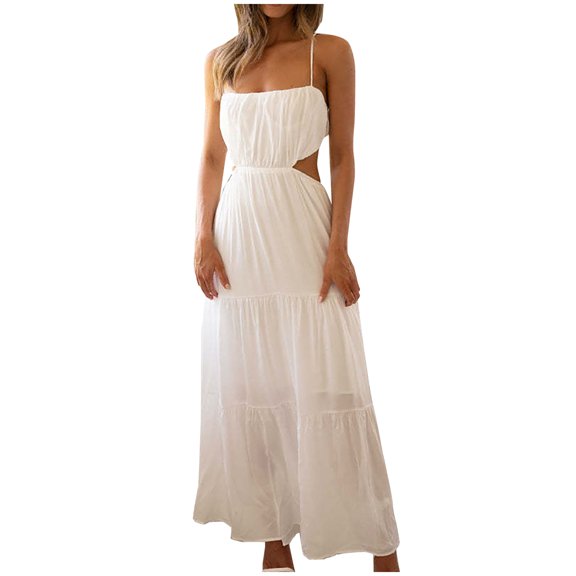 Besolor Womens Boho Maxi Dress Sleeveless Spaghetti Straps Cut out Sundress Tiered Flowy Beach Vacation Long Dress