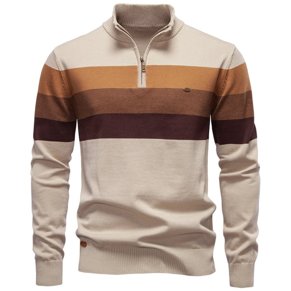 Men's Quarter Zip Striped Knit Sweater Long Sleeve Mock Neck Casual Work Top