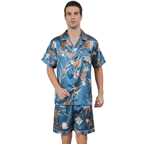 Aisomnus Men's Silk Pajama Set | Silky Satin | Short Sleeve Top and Shorts | Button nightwear Set-XL