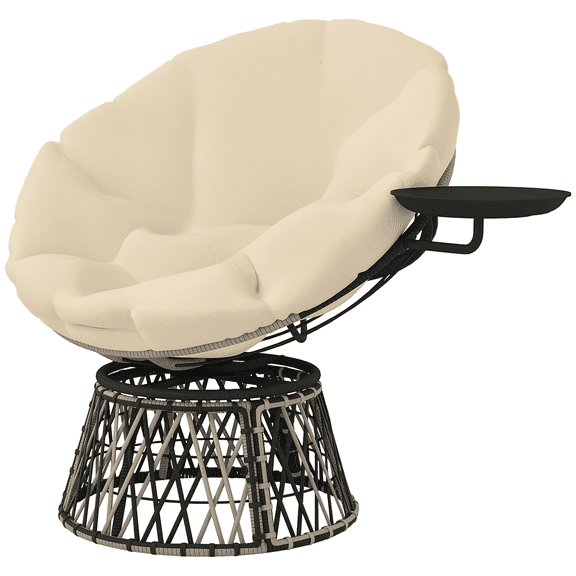 Swivel Papasan Chair Outdoor, 39" Overstuffed Circle Chair with Side Tray, Beige Patio Chair