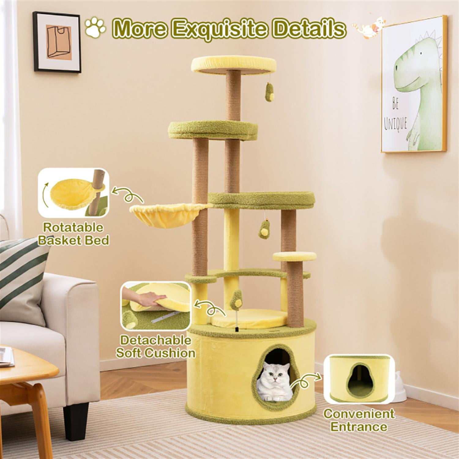 Kadyn 62" Cat Tree Tower with Private Condo for Indoor Cats, Multifunctional Plush Cat House with Scratching Posts and Padded Top Perch, Green