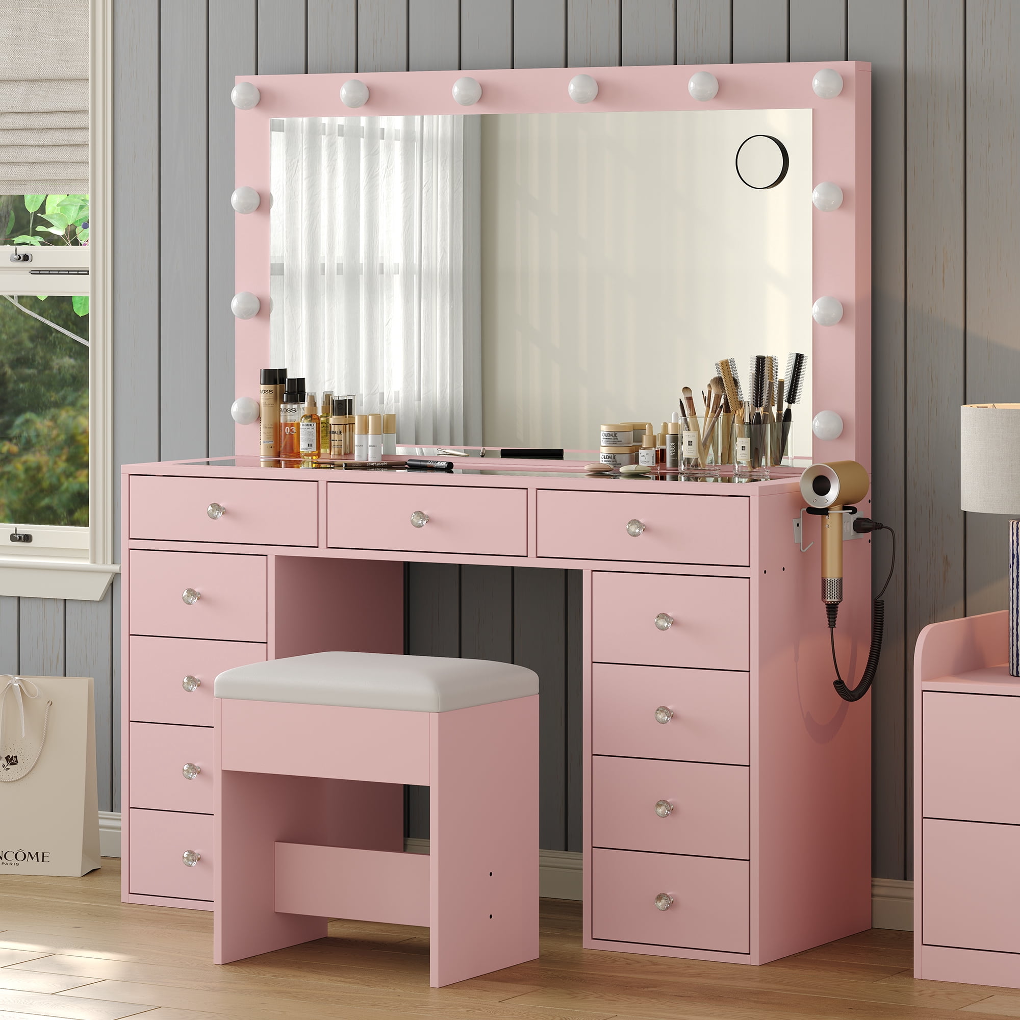 Yanosaku Vanity Desk with Mirror, 12 LED Lights, 11 Drawers, Chair, 3 Lighting Modes, Adjustable Brightness, Pink