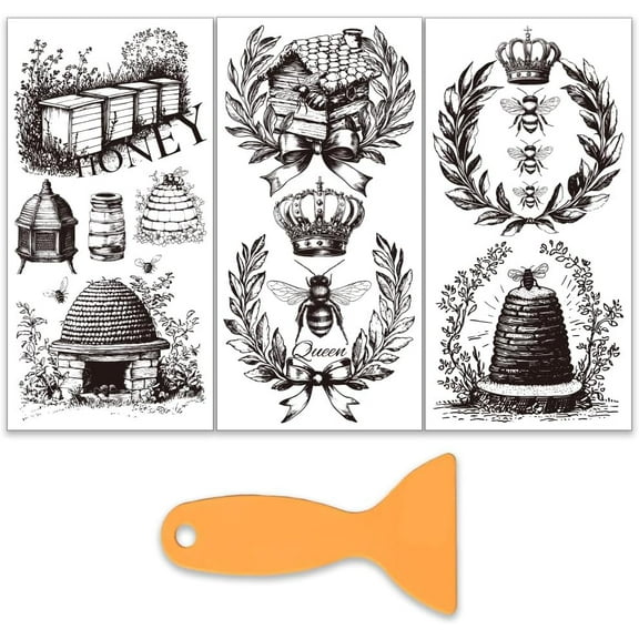3pcs/Set Bees Rub on Transfers for Furniture and Crafts 6x12 Inch Beehive Furniture Decals Transfer Stickers Rub on Decal with 1pc Scraper for Wood Scrapbook Window Home Decoration