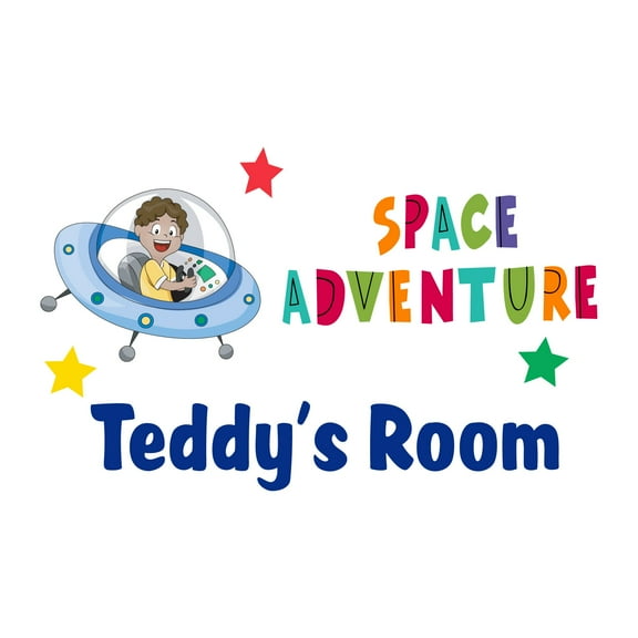 Custom Name Beautiful Space Adventure LetteringWall Decal Decoration Space Adventure Adventurous Space Cartoon Space ship Decorating Ideas for Child's Bedroom Size: 40 In(W) x 24 In(H)