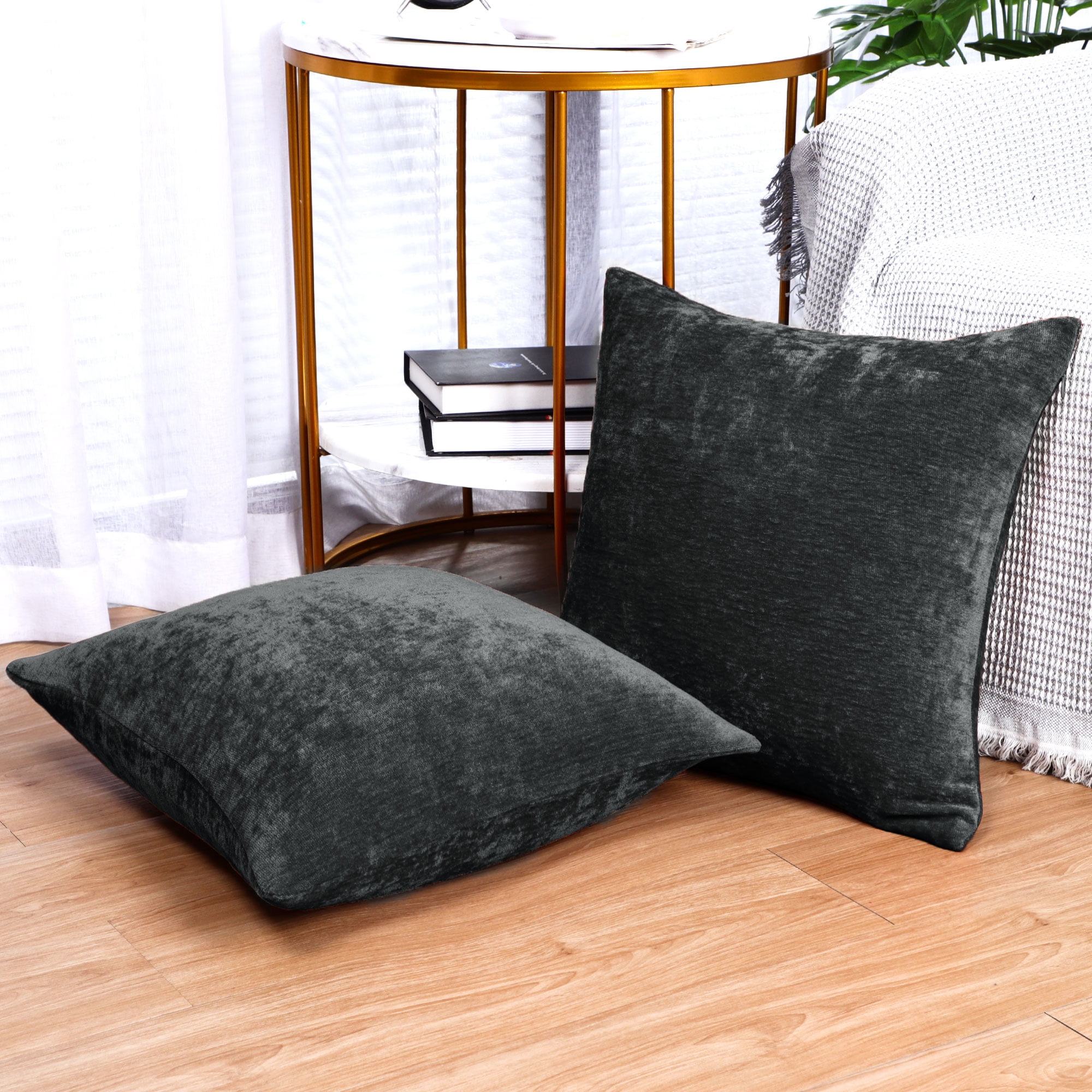 REGALWOVEN Set of 2 Chenille Throw Pillow Covers, Soft Decorative Cushion Covers Black 20x20 Inch