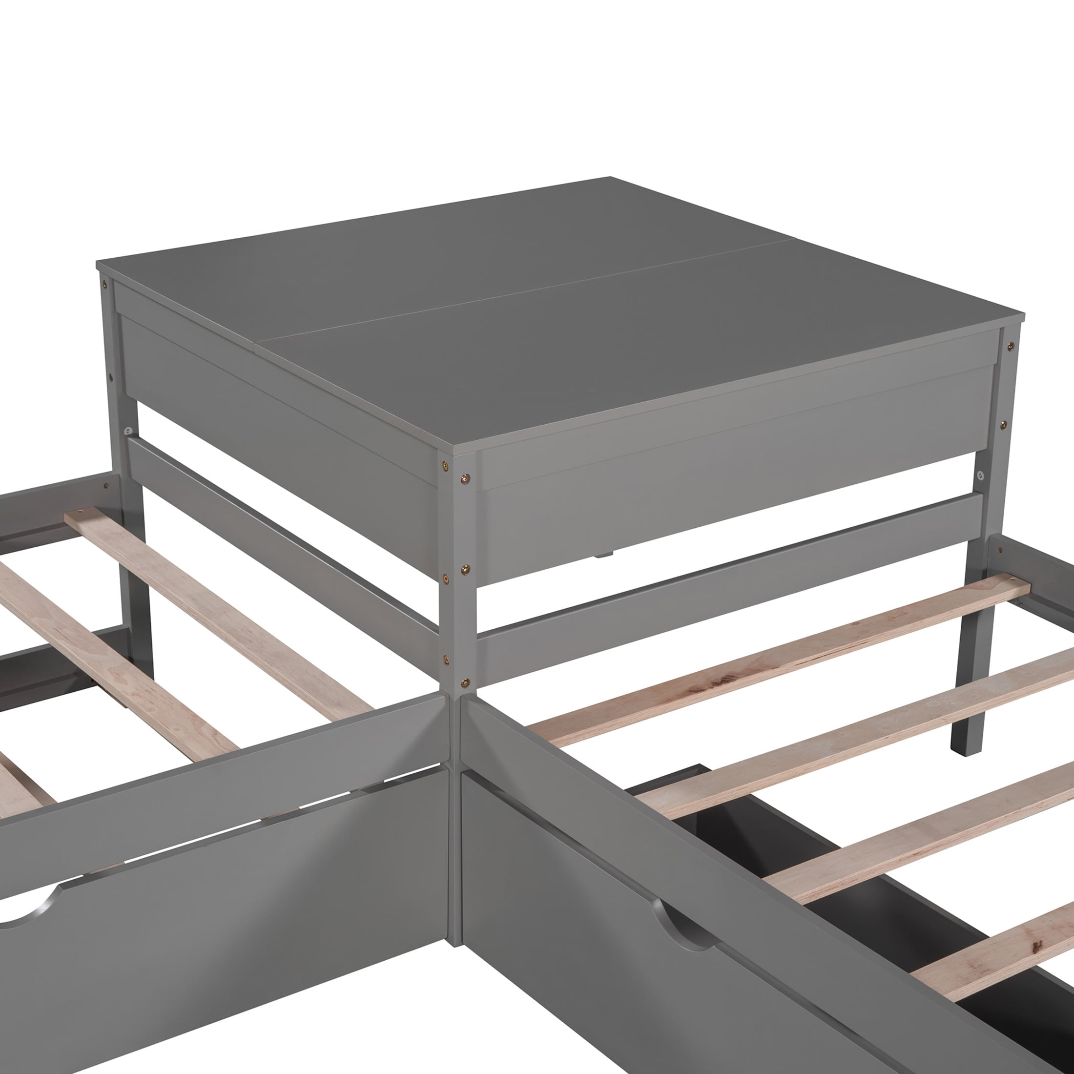 Noble House Solsto L-shaped Platform Bed with Trundle, Storage Drawers and Built-in Desk, Twin Size Corner Bed, Gray
