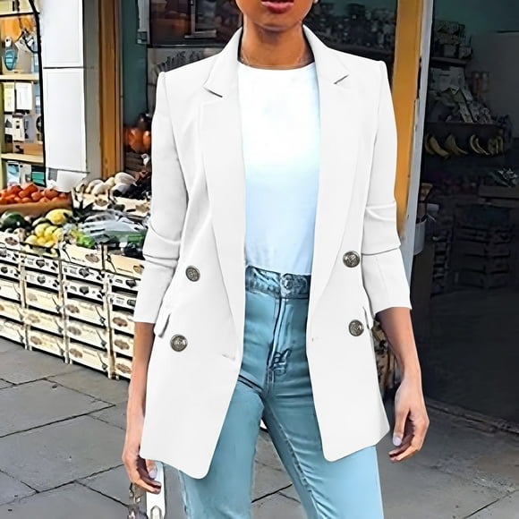 Styesk Blazers for Women Business Casual Outfits Open Front Long Sleeve Blazer Jackets Casual Solid Color Lapel Long Suit Jackets Loose Fit Button Work Office Suit Jacket