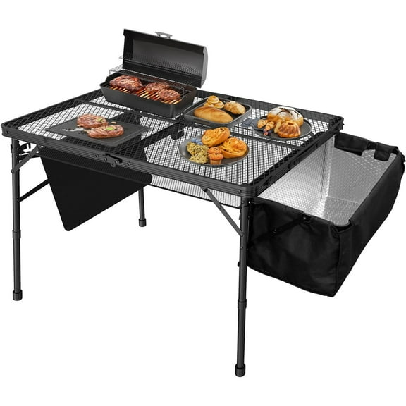Portable Folding Camping Table with Adjustable Height, 3x2 FT Mesh Desktop and Wing Panels, Lightweight Outdoor Grill Table for Picnic, BBQ, Beach – Black