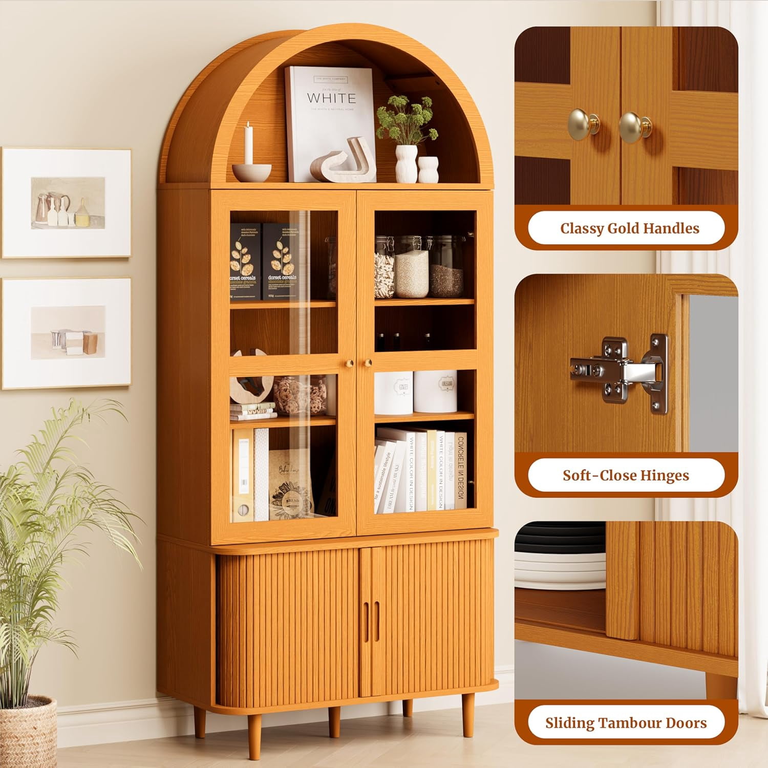 71" Arched Cabinet with Glass Doors, Fluted Tall Pantry with Sliding Doors＆ Adjustable Shelves, Modern Accent Cabinet for Living Room, Kitchen, Dining Room, Yellow Walnut