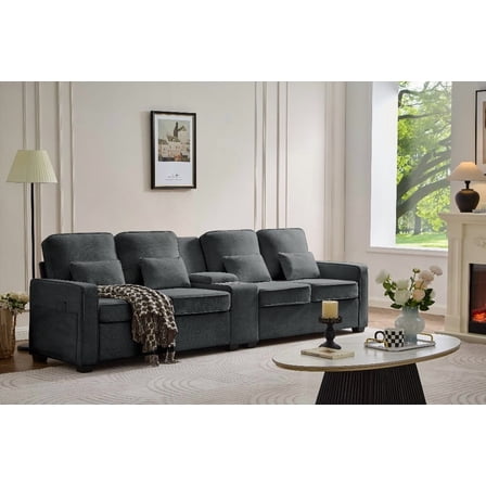 Modern 114" Linen Fabric Sofa with Console & USB Ports for Living Room (4-Seat) Dark Gray