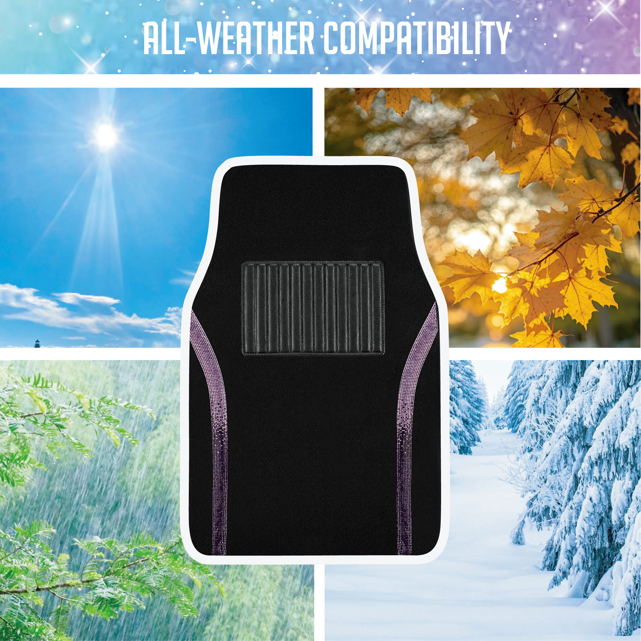 Auto Drive Bling Diamond Car Floor Mats, 4-Piece Glitter Carpet Set, Universal Fit for Cars，SUVs Dark Purple