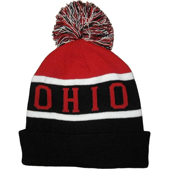 Ohio Wide Stripe Winter Knit Pom Beanie Hat (Red/Black)