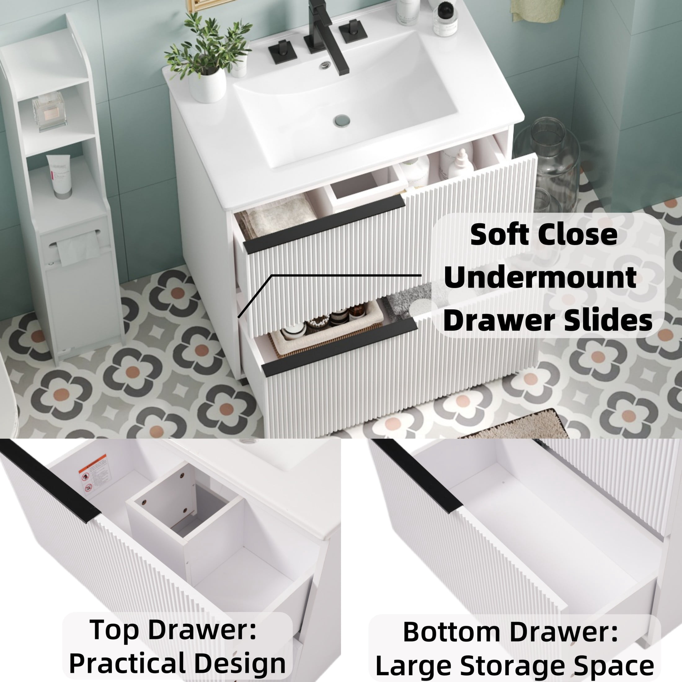 Christopher Knight Home 30" Bathroom Vanity with Ceramic Sink and Soft Close Drawers, Fluted Design, White